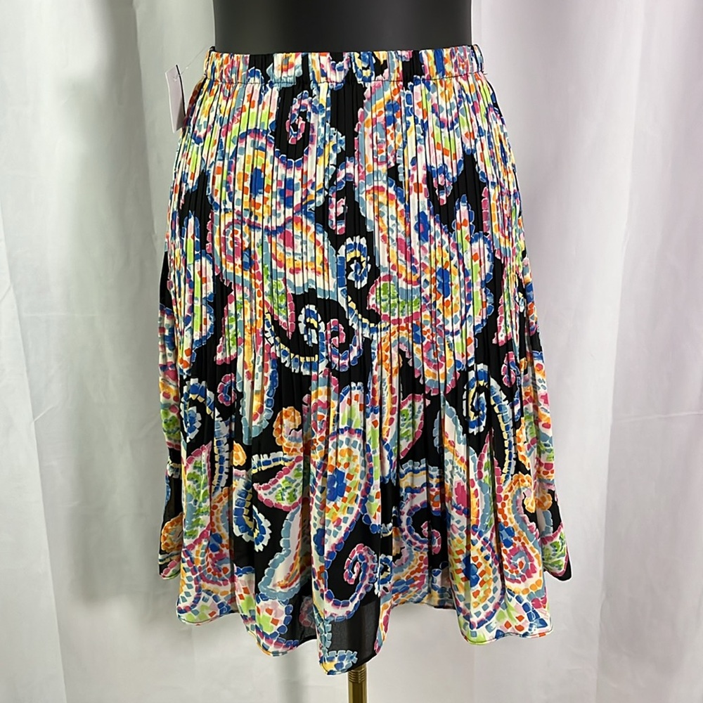 NWT Ninety Black Multicolor Paisley Print Pleated High Waist A-Line Skirt